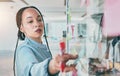 Woman at glass with ideas, marker and notes for business planning, brainstorming and working process. Thinking, creative Royalty Free Stock Photo