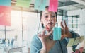 Woman at glass with ideas, thinking and sticky note for business planning, brainstorming or working process. Moodboard Royalty Free Stock Photo