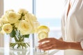 Woman with glass of lemonade, hydration, health-conscious, closeup light photography. Generative AI