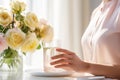 Woman with glass of water, hydration, health-conscious, close-up photography, pastel colors. Generative AI