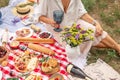 Woman with glass of wine sit on chekered picnic blanket. Romantic outdoor picninc on green lawn Royalty Free Stock Photo