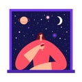 Woman with glass of wine in the window, enjoying the view of night starry sky and moon. Female modern character and space