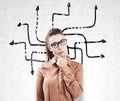 Woman in glasses and arrow maze Royalty Free Stock Photo