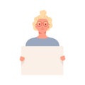 Woman in glasses carrying empty placard with place for text vector flat illustration. Smiling young female holding clean