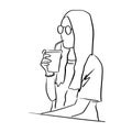 woman with glasses drinking cold takeaway coffee vector illustration sketch doodle hand drawn with black lines isolated on white Royalty Free Stock Photo