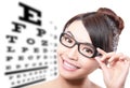 Woman with glasses and eye test chart Royalty Free Stock Photo