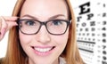 Woman with glasses and eye test chart