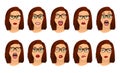 Woman with glasses facial expressions, gestures, emotions happiness surprise disgust sadness rapture disappointment fear