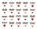 Comic emotions. Woman with glasses facial expressions, gestures, emotions happiness surprise disgust sadness rapture