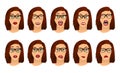 Woman with glasses facial expressions, gestures, emotions happiness surprise disgust sadness rapture disappointment fear