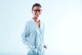 Smiling woman, glasses, hair up, in lab coat, career advanced