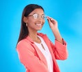 Woman, glasses and happy portrait in studio with a smile for eye care and vision with frame or lens. Smile of Indian Royalty Free Stock Photo