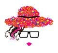 Woman in glasses and hat with colourful flowers