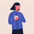 Woman in glasses hold cup of coffee. Girl with wavy hair in blue knitted sweater. Flat vector illustration.