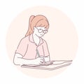 Woman with glasses holding pen in front of book. Writing, learning, reading, working concept. Hand drawn character style vector