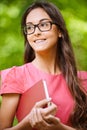 Woman glasses holds book Royalty Free Stock Photo