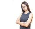 Woman in glasses office emotions. White background