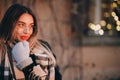 Woman with glasses poses in city center Beautiful hair attractive smile girl. Close up shot Woman with glasses during Royalty Free Stock Photo