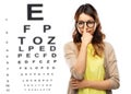 Woman in glasses or student over eye test chart Royalty Free Stock Photo