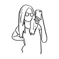 woman with glasses taking photo with mobile phone vector illustration sketch doodle hand drawn with black lines isolated on white Royalty Free Stock Photo