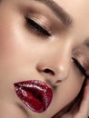 Woman with glittery red lips closeup portrait Royalty Free Stock Photo