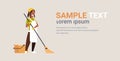 Woman in gloves and apron washing floor african american girl using mop housewife doing housework cleaning concept flat Royalty Free Stock Photo