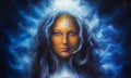 Woman goddess with long blue hair holding multicolor Illustration