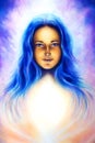Woman goddess with long blue hair and white light, spiritual blue eye, eye contact..