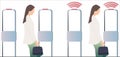 Woman goes through anti-theft sensor gates. System reports theft. Security system detect barcode and notify. Vector