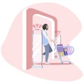 Woman goes through anti-theft sensor gates. System reports theft. Security system detect barcode and notify. Vector