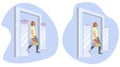 Woman goes through anti-theft sensor gates. System reports theft. Security system detect barcode and notify. Vector