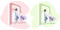 Woman goes through anti-theft sensor gates. System reports theft. Security system detect barcode and notify. Vector