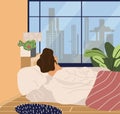 Woman goes to bed or wakes up. The girl wake up and lies on the bed back view. Vector illustration leisure concept