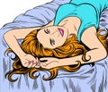 A woman going to bed to rest. Pop art retro illustration comic style vector.