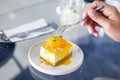 Woman eating Ma Yong Chid cake Royalty Free Stock Photo