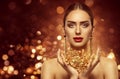 Woman Gold Beauty, Fashion Model Holding Golden Jewelry Royalty Free Stock Photo