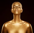 Woman Gold Skin, Fashion Model Golden Body Art, Beauty Portrait Face and Body Shine as Metal Royalty Free Stock Photo