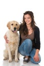 Woman with golden retriever dog on white background Royalty Free Stock Photo