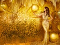 Woman in Golden Sequin Party Dress. Fashion Model in Evening Long Gown over Gold Glitter Wall Interior. Stylish Girl Balloon