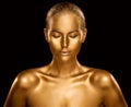 Woman Golden Skin, Fashion Model Painted Gold Body Art, Bronze Beauty Makeup Royalty Free Stock Photo