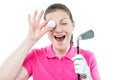 woman golfer funny portrait on a white background Royalty Free Stock Photo