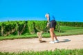 Woman golfer hitting a ball on a bunker, with vineyard in the background at Zlati Gric in Slovenia Royalty Free Stock Photo