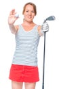 Woman golfer showing a ball and a golf club Royalty Free Stock Photo