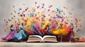 Woman in Gorgeous Dress Amid Vibrant Colors, Butterflies, and Books