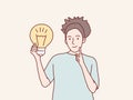 Woman got ideas hold bright lamp icon korean style illustration