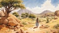 Biblical-themed Painting: Person Walking Through Desert With Trees And Rocks