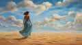 Dreamlike Illustration: Woman In Blue Dress Walking In Desert