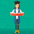 Woman in graduation cap holding book.