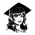Woman in graduation hat. Female student black silhouette. Vector illustration on white isolated background. Cartoon style. Good Royalty Free Stock Photo