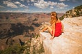 Woman on Grand Canyon. Young girl tourist near Landscape Canyon national park. Grand Canyon National Park, North Rim Royalty Free Stock Photo